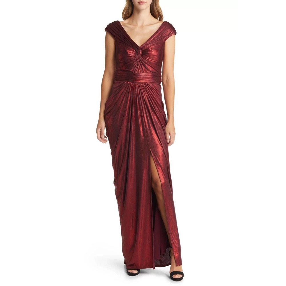 Tadashi Shoji Metallic Burgundy Red Draped Maxi Dress